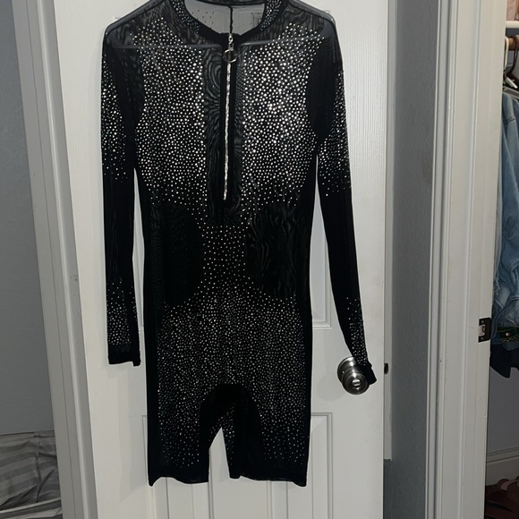 Women’s long sleeve, biker short, 1 piece sheer bodysuit with rhinestones - Picture 7 of 16